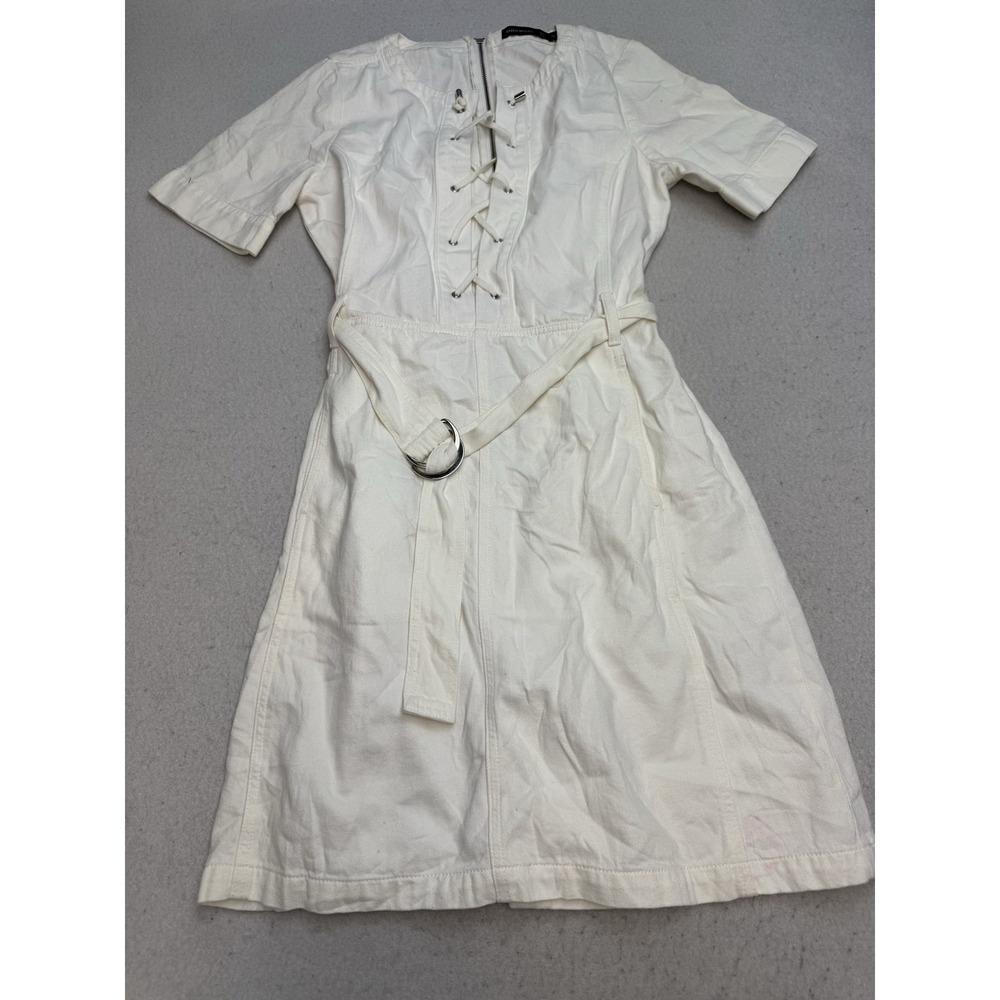 Karen Millen Dress Womens 6 White Belted Lace Up Short Sleeve A-Line Twill